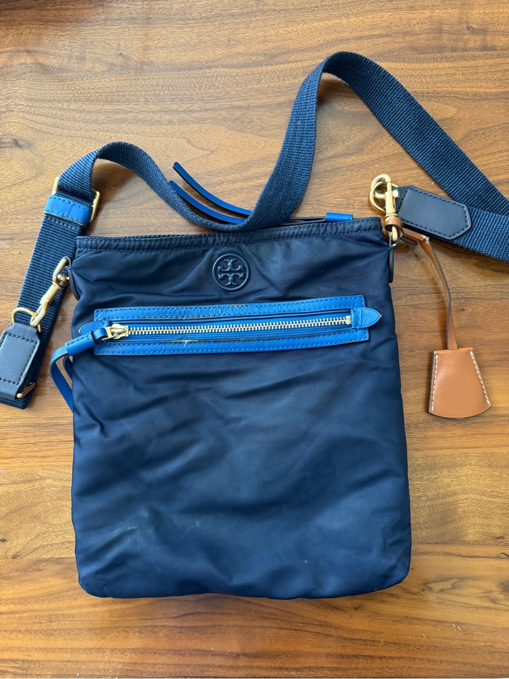 Tory Burch Navy Nylon Crossbody with Bright Blue Trim and Tan Tag